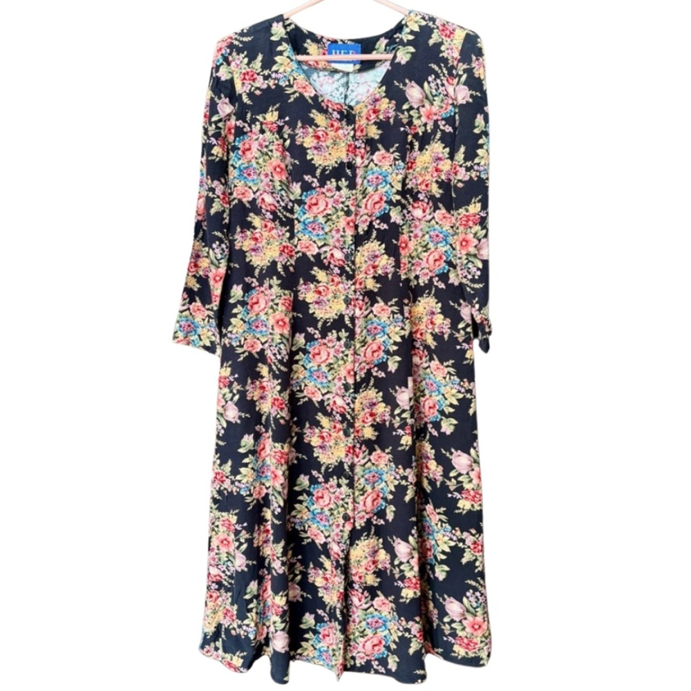 Vintage 90s floral midi long sleeve dress cottagecore tea party